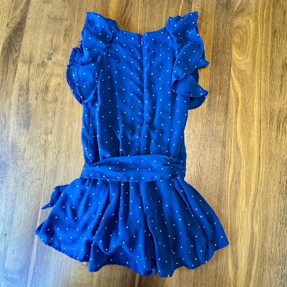 MAYORAL Ruffled Shorts Romper Girls 6 Navy Blue Gold Dot Playsuit Chiffon Jumper - Picture 2 of 9